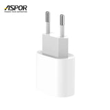 Aspor A801 20W fast charging adapter showing its EU two-pin plug configuration, USB-C output port, and durable ABS structural frame