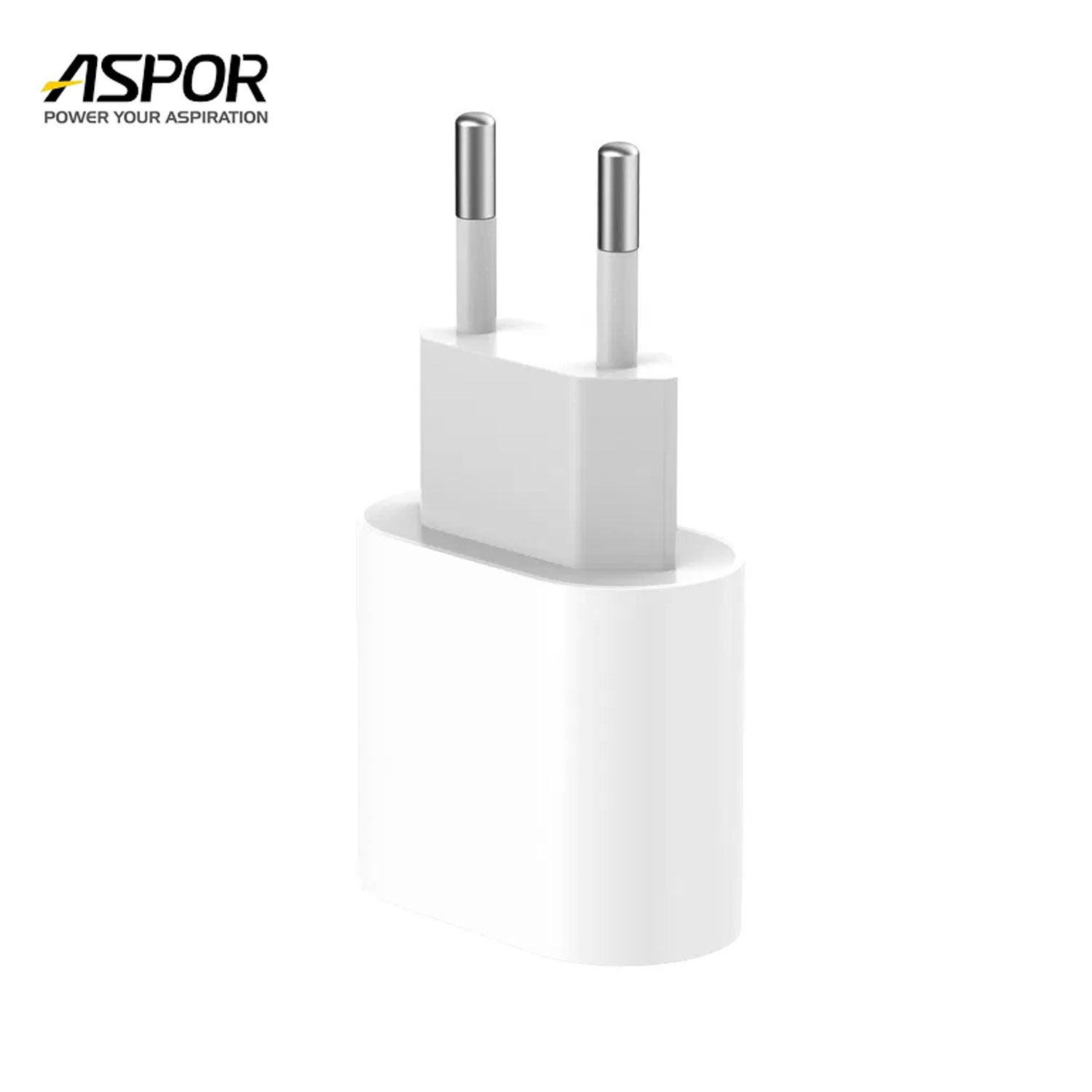 Aspor A801 20W fast charging adapter showing its EU two-pin plug configuration, USB-C output port, and durable ABS structural frame