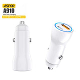Aspor A910 38W fast car charger highlighting its dual USB and Type-C PD ports, rugged aluminum metal casing, and compact layout
