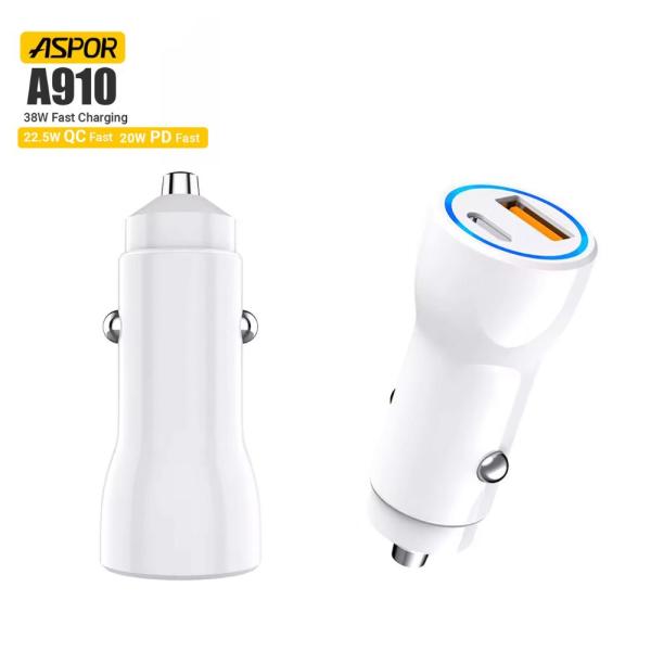 Aspor A910 38W fast car charger highlighting its dual USB and Type-C PD ports, rugged aluminum metal casing, and compact layout