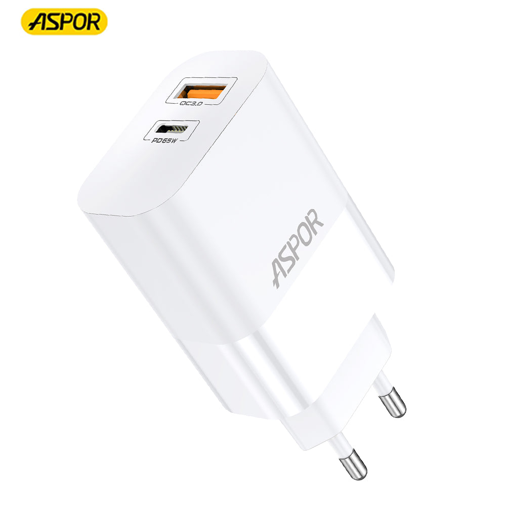 Aspor A851 65W GaN power adapter showing its standard European two-pin plug configuration, dual out port panel with high-speed charging channels, and compact heat-resistant structural frame