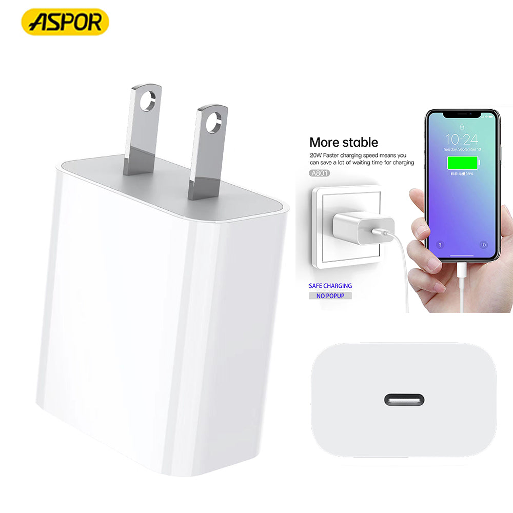 Aspor A801 20W fast charging adapter showing its EU two-pin plug configuration, USB-C output port, and durable ABS structural frame