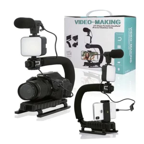AY-49u U-shaped handheld video stabilizer kit with built-in stereo microphone and low-angle camera bracket