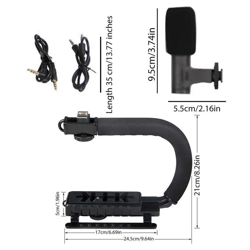 AY-49u U-shaped handheld video stabilizer kit with built-in stereo microphone and low-angle camera bracket