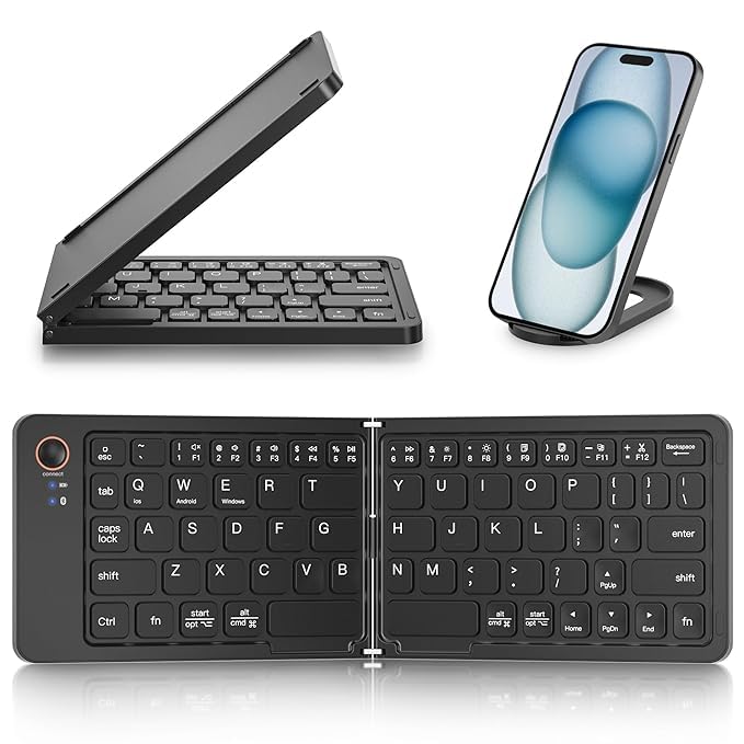 B023 11-inch foldable Bluetooth keyboard featuring a slim foldable design, scissor-switch keys, and device stand for mobile productivity