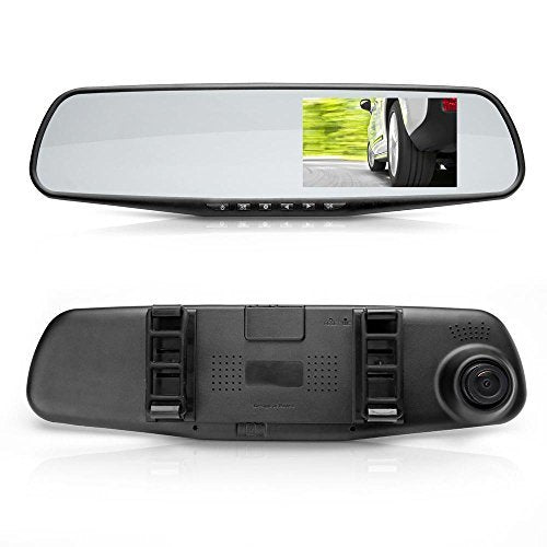 Car DVR rearview mirror with dual 1080P front and back cameras and 4.3 inch display