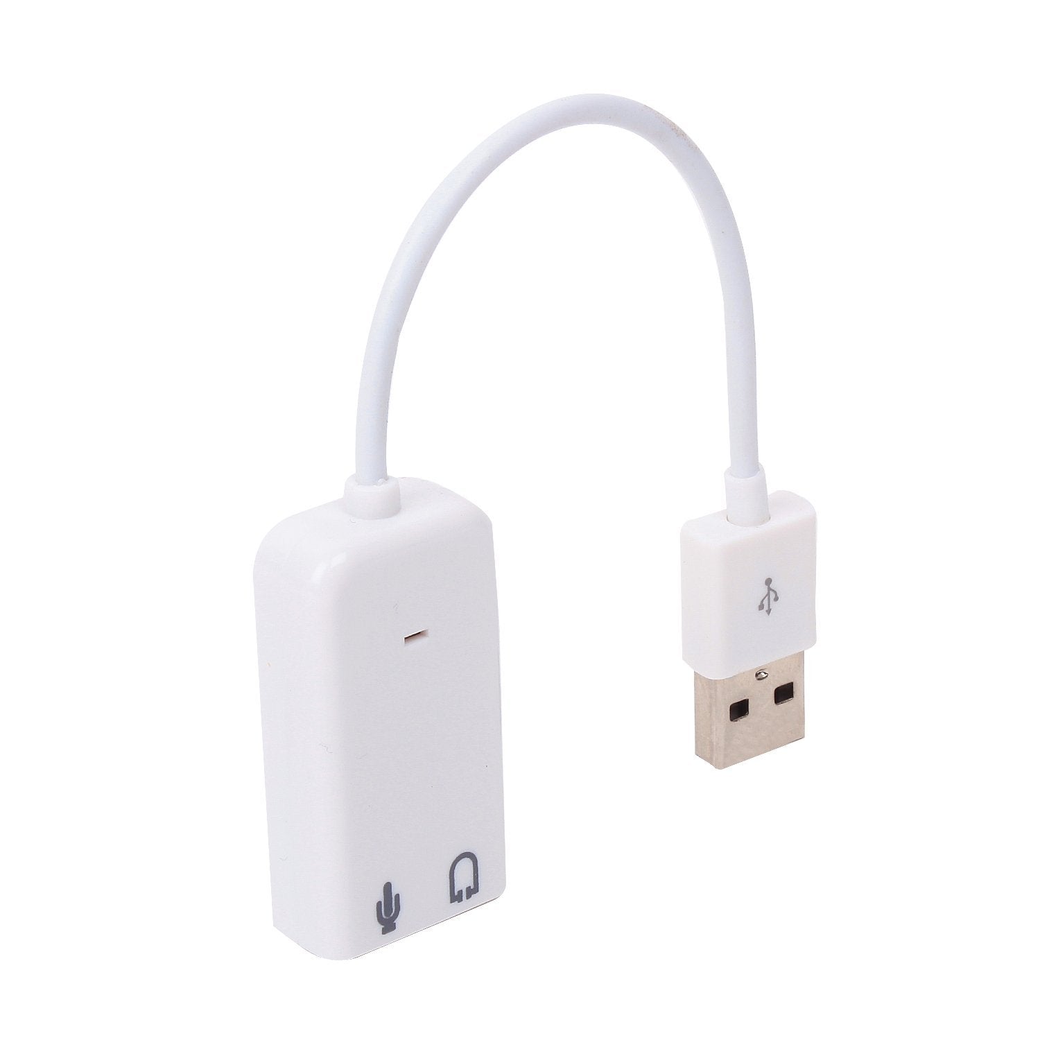 A white USB audio splitter adapter with a flexible cable, featuring a USB-A connector on one end and a USB-C connector on the other, with headphone and microphone icon markings on the main housing.