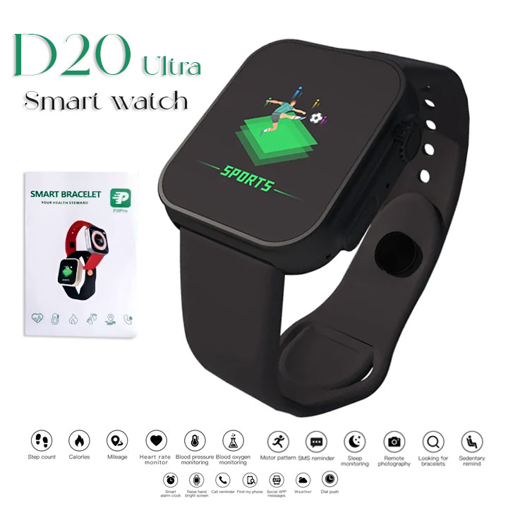 D20 Ultra fitness bracelet and black smartwatch with heart rate and blood pressure monitoring
