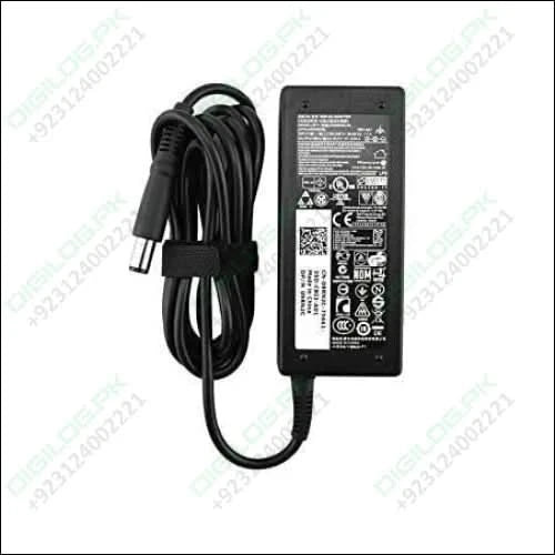 Dell 90W slim laptop charger showing the adapter unit, 7.4x5.0mm barrel pin tip, and high-performance power brick design