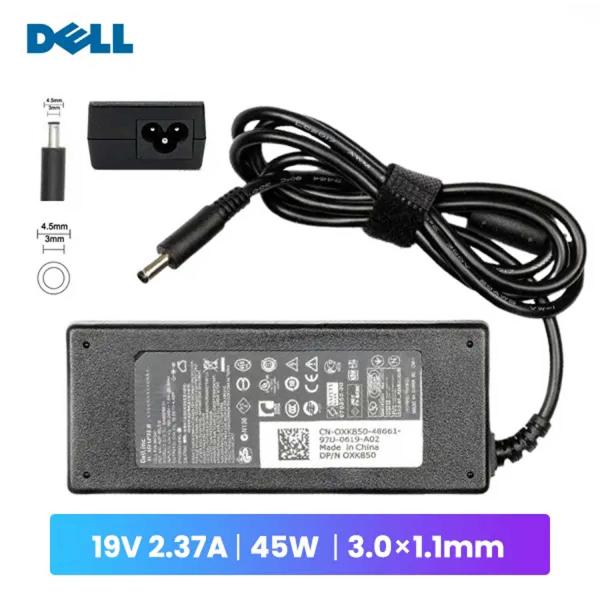 Dell 90W slim laptop charger showing the adapter unit, new pin connector tip, and high-performance power brick design