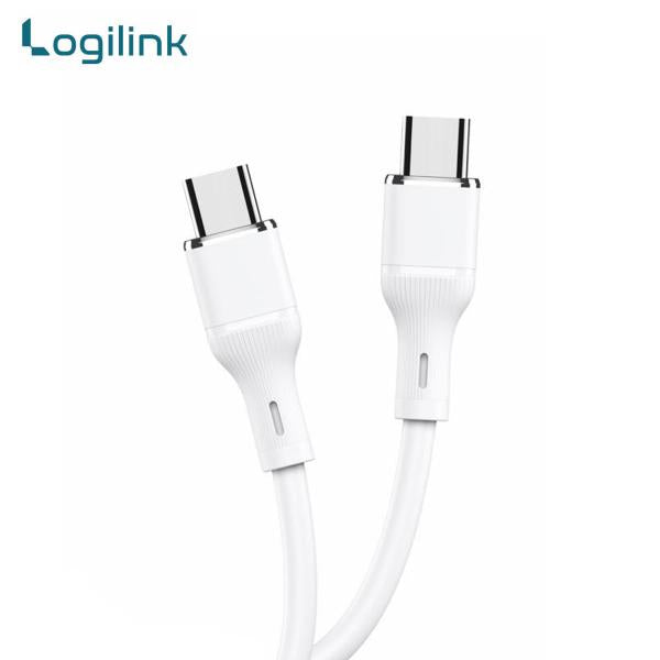 LogiLink Type-C to Type-C 1-meter fast charging data cable displaying its ultra-flexible silicone outer jacket, reversible dual terminal plugs, and reinforced strain-relief joints