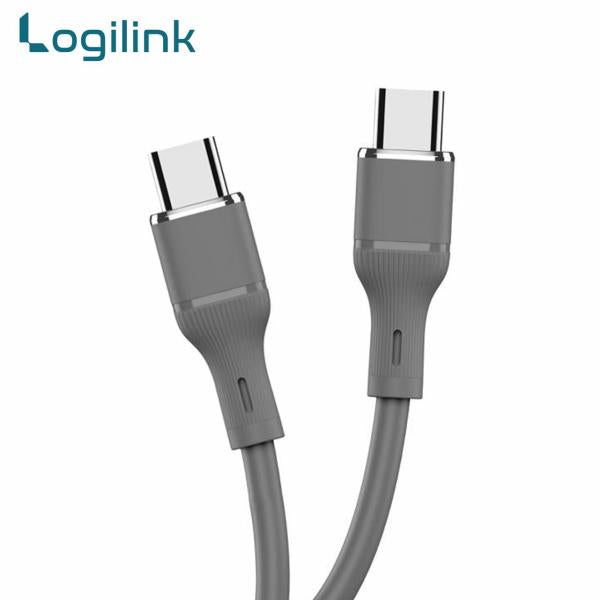 LogiLink Type-C to Type-C 1-meter fast charging data cable displaying its ultra-flexible silicone outer jacket, reversible dual terminal plugs, and reinforced strain-relief joints
