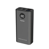 FAXITE M20Plus 22.5W metal power bank featuring 20000mAh capacity, digital display screen, Quick Charge 4.0, PD 20W port, and an integrated leather strap