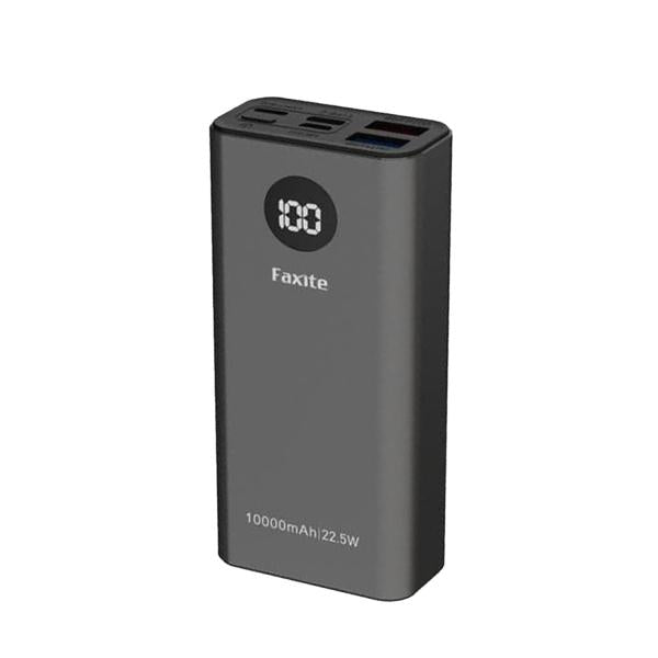 FAXITE M20Plus 22.5W metal power bank featuring 20000mAh capacity, digital display screen, Quick Charge 4.0, PD 20W port, and an integrated leather strap