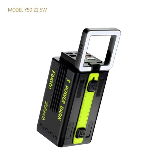 FAXITE Y50 50000mAh outdoor power bank featuring 22.5W fast charging, built-in Type-C and Lightning cables, 4 USB ports, and integrated LED light