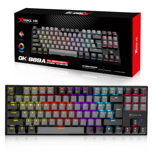 Xtrike Me GK-989 A TKL wired mechanical gaming keyboard featuring anti-ghosting technology, backlighting, and ergonomic compact design