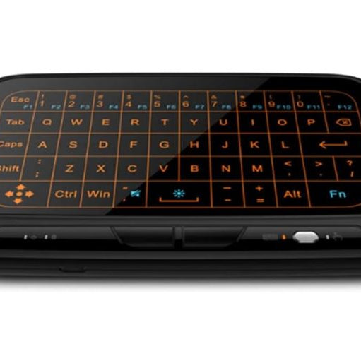 H18+ 2.4GHz wireless handheld mini keyboard showing its full panel responsive touchpad layout, active glowing adjustable backlighting keys, and micro USB charging connector port