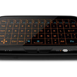 H18+ 2.4GHz wireless handheld mini keyboard showing its full panel responsive touchpad layout, active glowing adjustable backlighting keys, and micro USB charging connector port