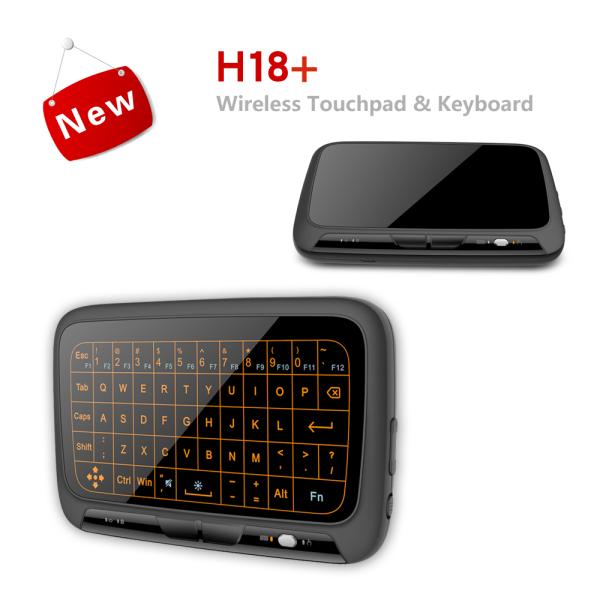 H18+ 2.4GHz wireless handheld mini keyboard showing its full panel responsive touchpad layout, active glowing adjustable backlighting keys, and micro USB charging connector port