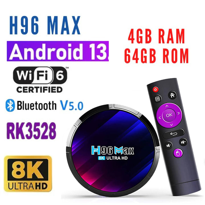 H96 MAX Android 13 TV Box with 4GB RAM, 64GB ROM, WiFi 6 support, and 8K Ultra HD output for superior streaming performance