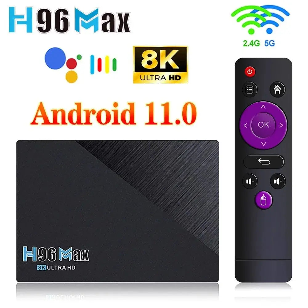 H96MAX Smart Android 11 TV Box with 8GB RAM, 64GB storage, 8K Ultra HD playback, and high-performance streaming capabilities