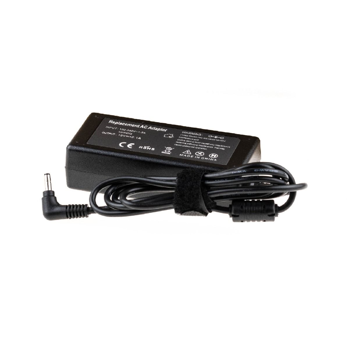 Black replacement AC adapter with power cord on a white background