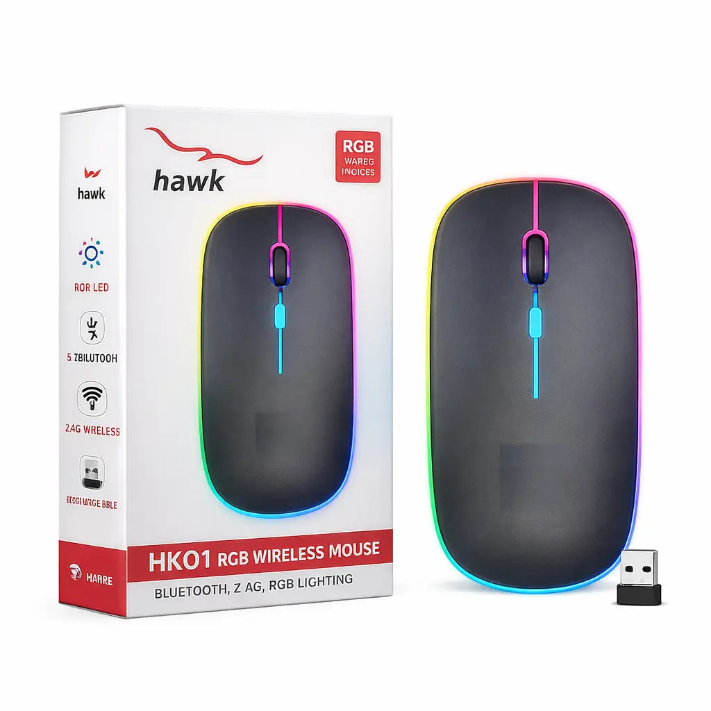 Hawk HK01 dual-mode rechargeable mouse with Bluetooth, 2.4G wireless, and RGB lighting