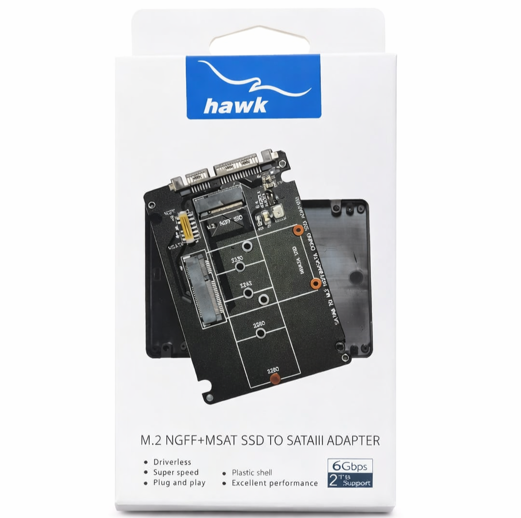 HAWK M.2 NGFF SATA SSD to 2.5 inch SATA Adapter Converter Card, designed to enable the installation of M.2 SATA SSDs into standard 2.5-inch drive bays, offering a reliable and space-efficient upgrade solution for laptops and desktop PCs