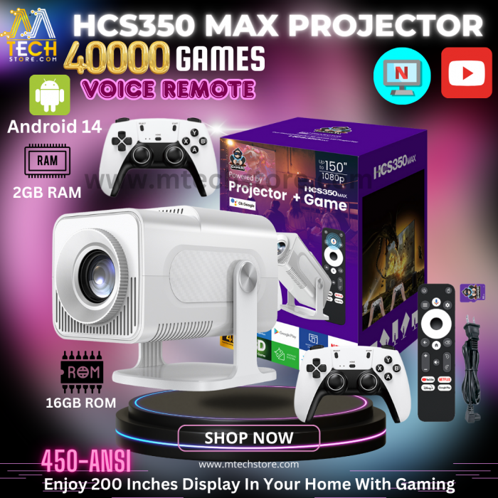 HCS350 Max 4K Android 11 Projector with 450 ANSI Lumens, built-in speakers, and wireless gamepad for immersive gaming and home theater