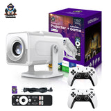 HCS350 Max 4K Android 11 Projector with 450 ANSI Lumens, built-in speakers, and wireless gamepad for immersive gaming and home theater