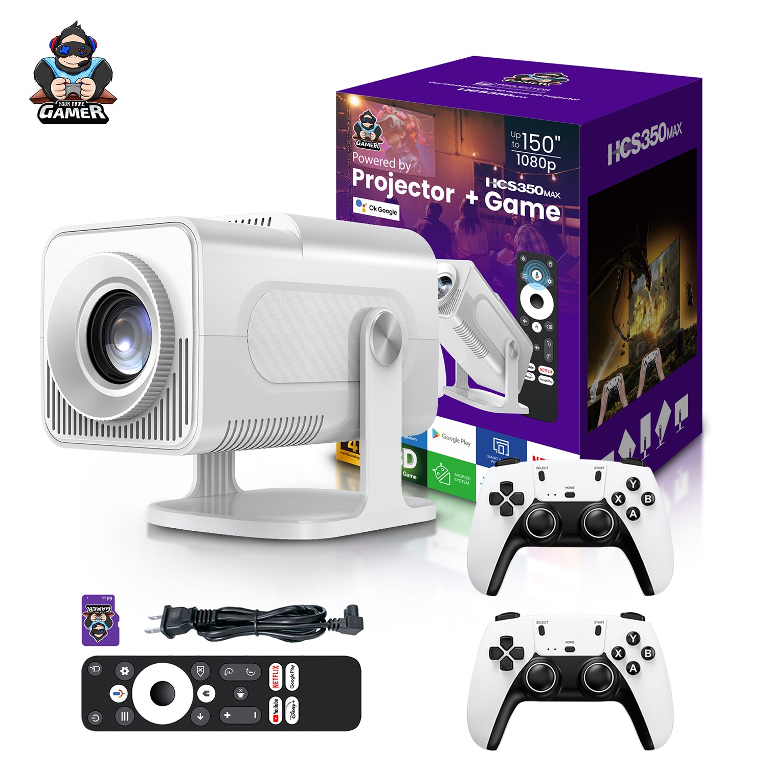 HCS350 Max 4K Android 11 Projector with 450 ANSI Lumens, built-in speakers, and wireless gamepad for immersive gaming and home theater