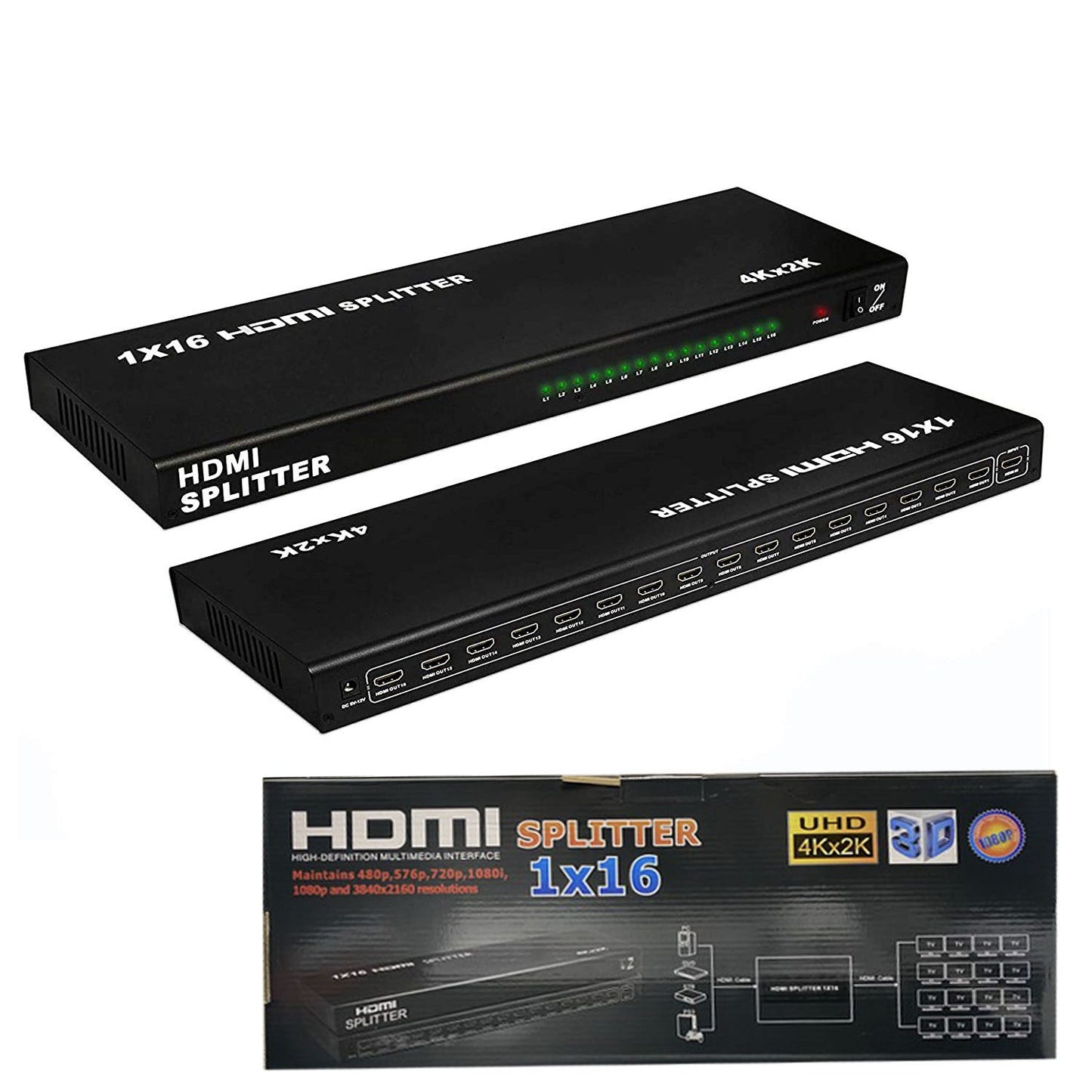 Professional 16 Port HDMI Splitter 1 In 16 Out for 4K UHD and 3D Video Distribution.