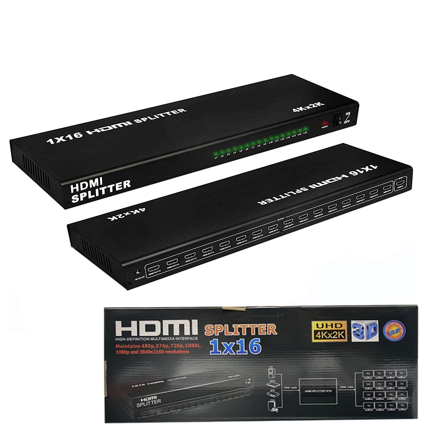 Professional 16 Port HDMI Splitter 1 In 16 Out for 4K UHD and 3D Video Distribution.