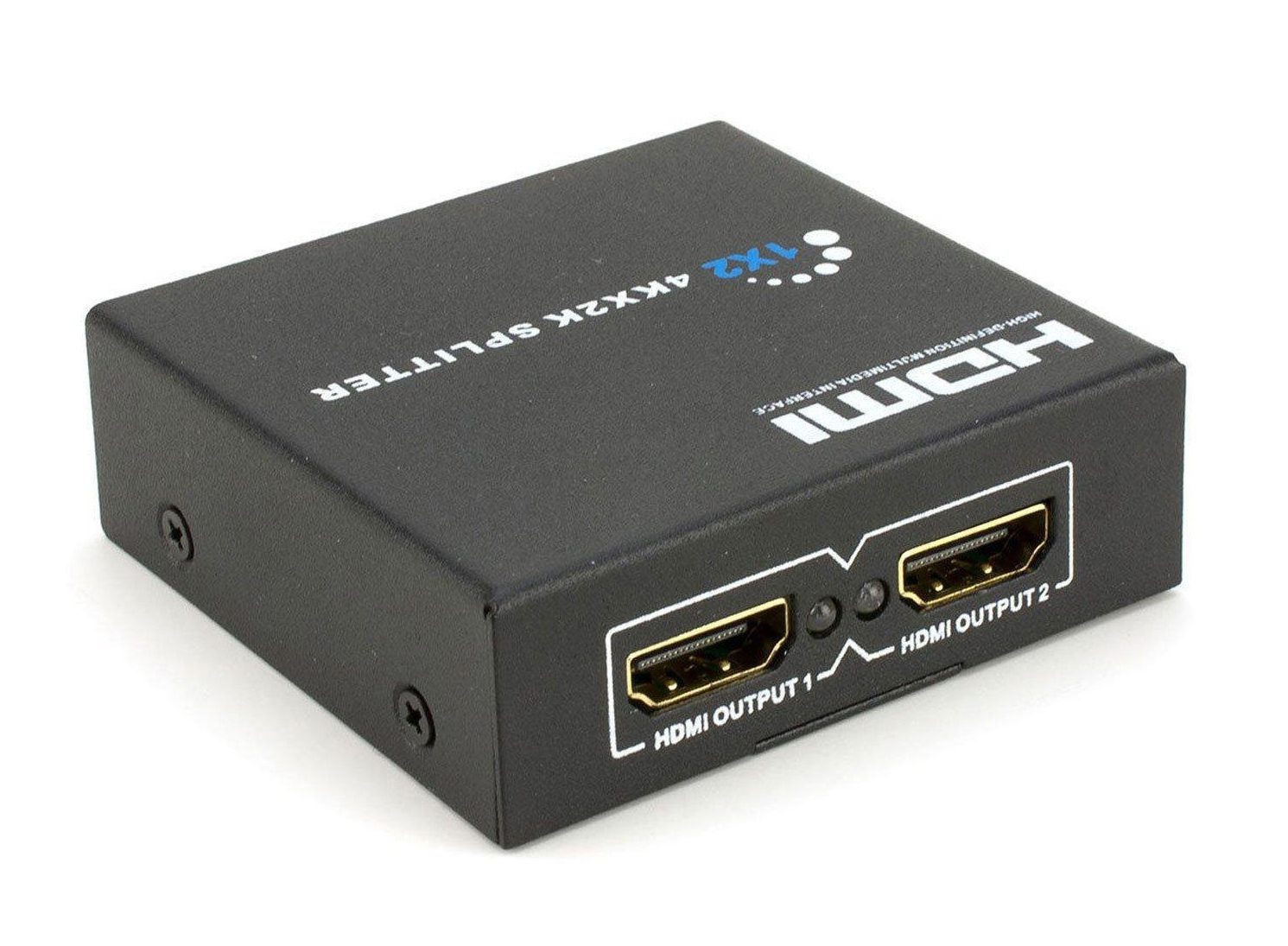 HDMI Splitter 2-Port, supporting 2K and 4K high-definition resolutions, designed to distribute video and audio signals to two displays simultaneously, ideal for home entertainment, gaming, and professional display configurations