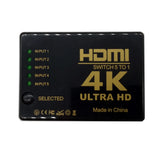 HDMI Switch 5-Port, supports 2K and 4K high-definition resolutions, allowing for seamless, efficient switching between multiple source devices for home theaters, gaming setups, and office workstations