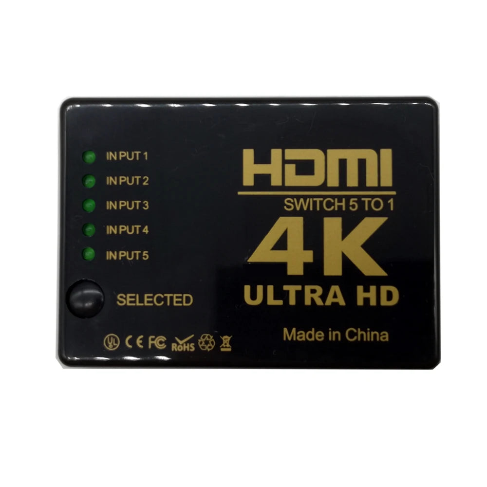 HDMI Switch 5-Port, supports 2K and 4K high-definition resolutions, allowing for seamless, efficient switching between multiple source devices for home theaters, gaming setups, and office workstations