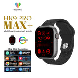 HK9 Pro Max+ premium smartwatch featuring a 2.02 inch AMOLED display, local music playback, TWS earphone connection, and AI features