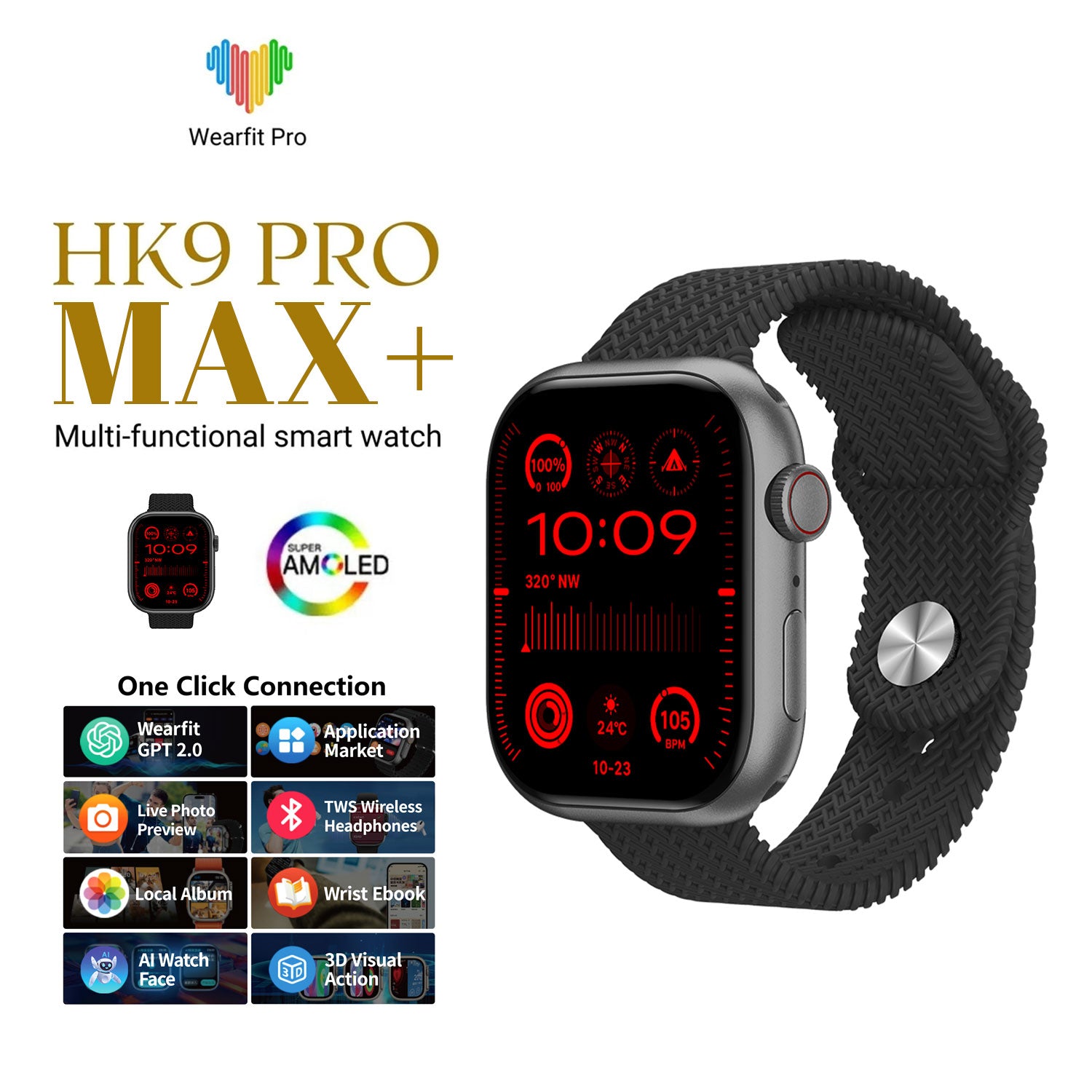 HK9 Pro Max+ premium smartwatch featuring a 2.02 inch AMOLED display, local music playback, TWS earphone connection, and AI features