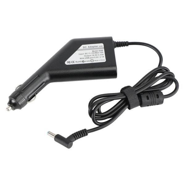 65W HP laptop car charger with 4.5x3.0mm blue pin and integrated USB port