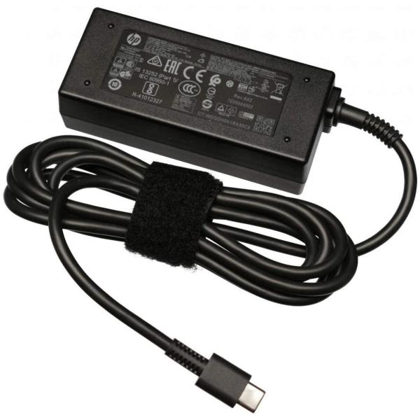 HP 65W USB-C laptop charger with smart voltage output and cable organizer