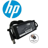 HP 90W laptop charger showing the adapter brick, 7.4x5.0mm barrel pin connector, and power cord
