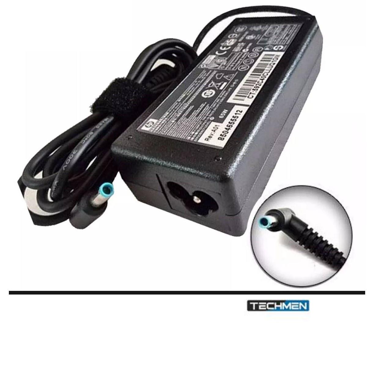 HP Pavilion 65W laptop charger showing the adapter brick, 4.5x3.0mm barrel pin connector, and high-conductivity power cord