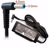 HP Pavilion 65W laptop charger showing the adapter brick, 4.5x3.0mm barrel pin connector, and high-conductivity power cord