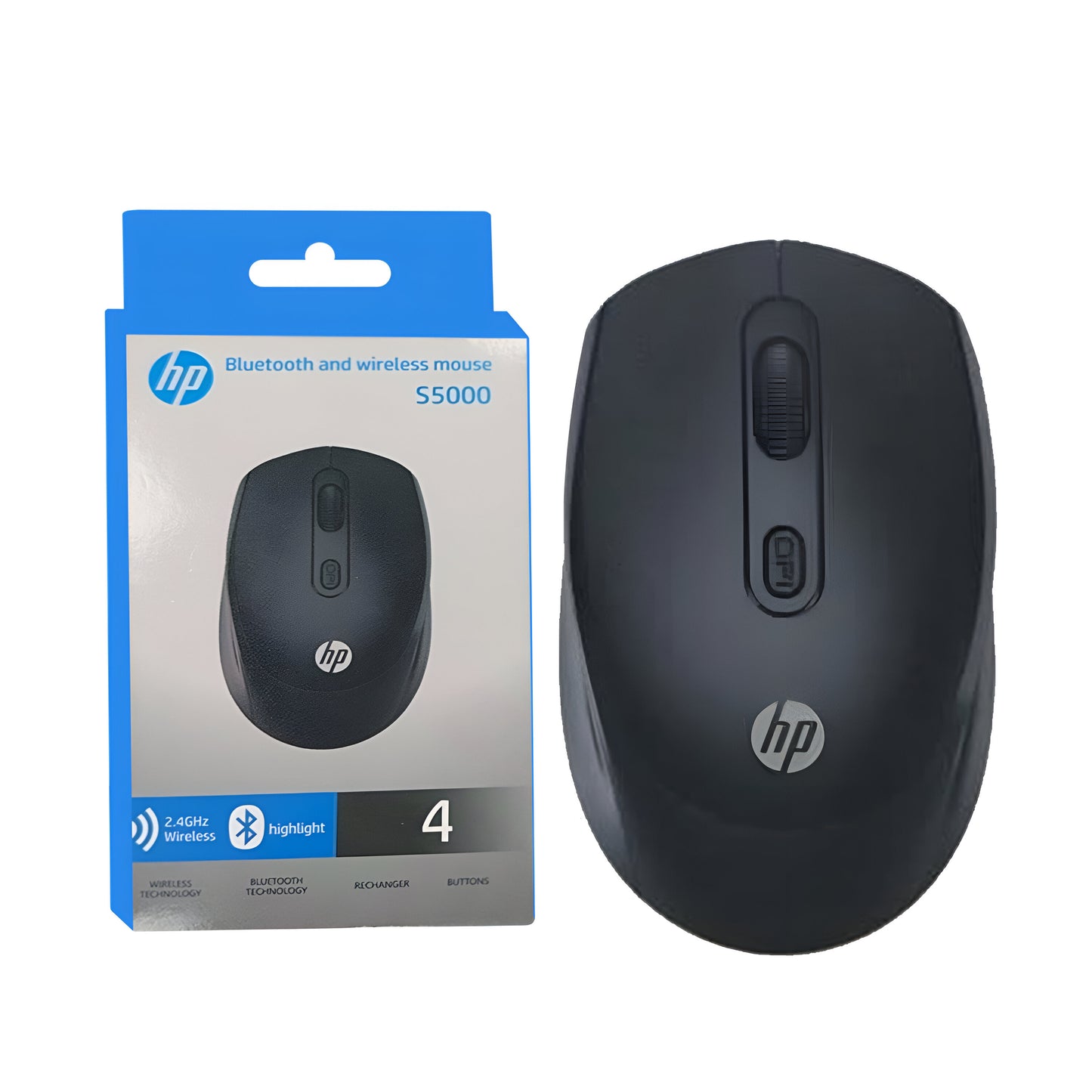 HP S5000 dual-mode wireless mouse with Bluetooth and 2.4GHz connectivity, featuring DPI adjustment and ergonomic design for professional use