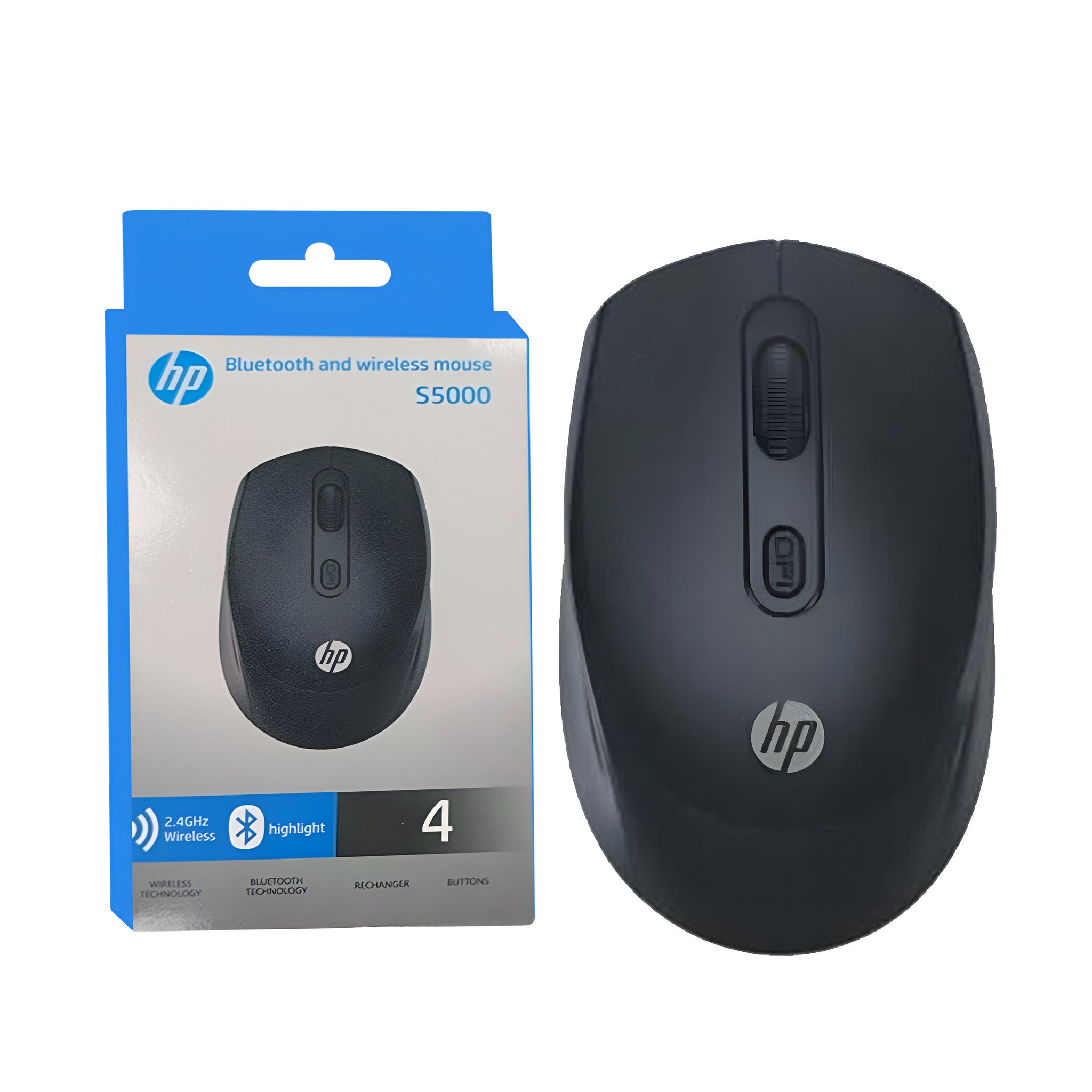 HP S5000 dual-mode wireless mouse with Bluetooth and 2.4GHz connectivity, featuring DPI adjustment and ergonomic design for professional use