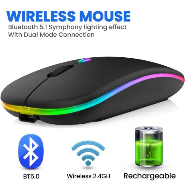HP W10 dual-mode wireless mouse with Bluetooth 5.1, 2.4GHz USB receiver, and RGB breathing light