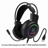 Huntbird 602 USB 7.1 RGB Gaming Headset, featuring immersive surround sound technology, vibrant customizable lighting effects, and an ergonomic over-ear design for optimal comfort during long gaming sessions