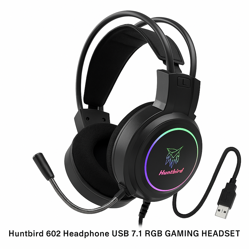 Huntbird 602 USB 7.1 RGB Gaming Headset, featuring immersive surround sound technology, vibrant customizable lighting effects, and an ergonomic over-ear design for optimal comfort during long gaming sessions