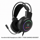 Huntbird 602 USB 7.1 RGB Gaming Headset, featuring immersive surround sound technology, vibrant customizable lighting effects, and an ergonomic over-ear design for optimal comfort during long gaming sessions