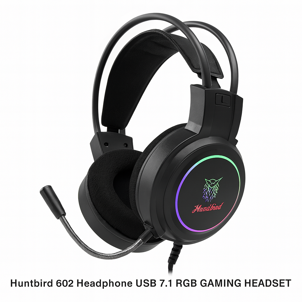 Huntbird 602 USB 7.1 RGB Gaming Headset, featuring immersive surround sound technology, vibrant customizable lighting effects, and an ergonomic over-ear design for optimal comfort during long gaming sessions